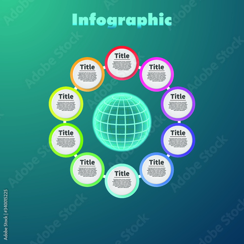 Vector circular infographic scheme, template for business, presentations, web design with ten options. Sphere. Turquoise background.