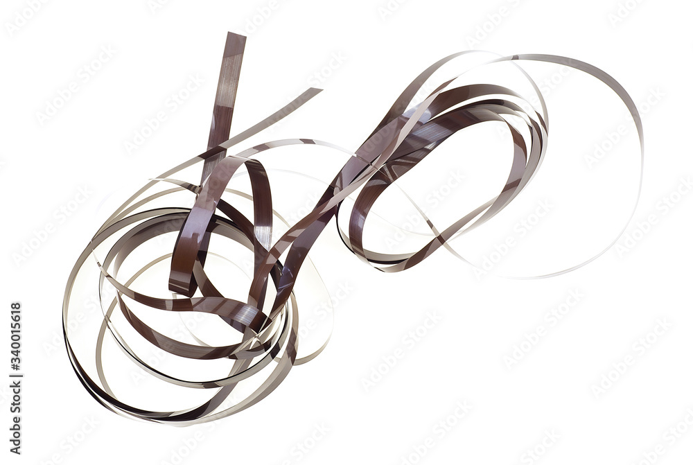 Magnetic audio cassette tangle. Old audio cassette unwound tape on white background. VHS Internal ribbon tape. Magnetic audio cassette tangle. Old audio cassette unwound tape on white background. VHS Internal ribbon tape.