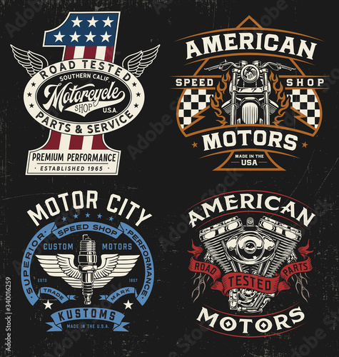 Vintage motorcycle badge, label, logo, t-shirt graphic set