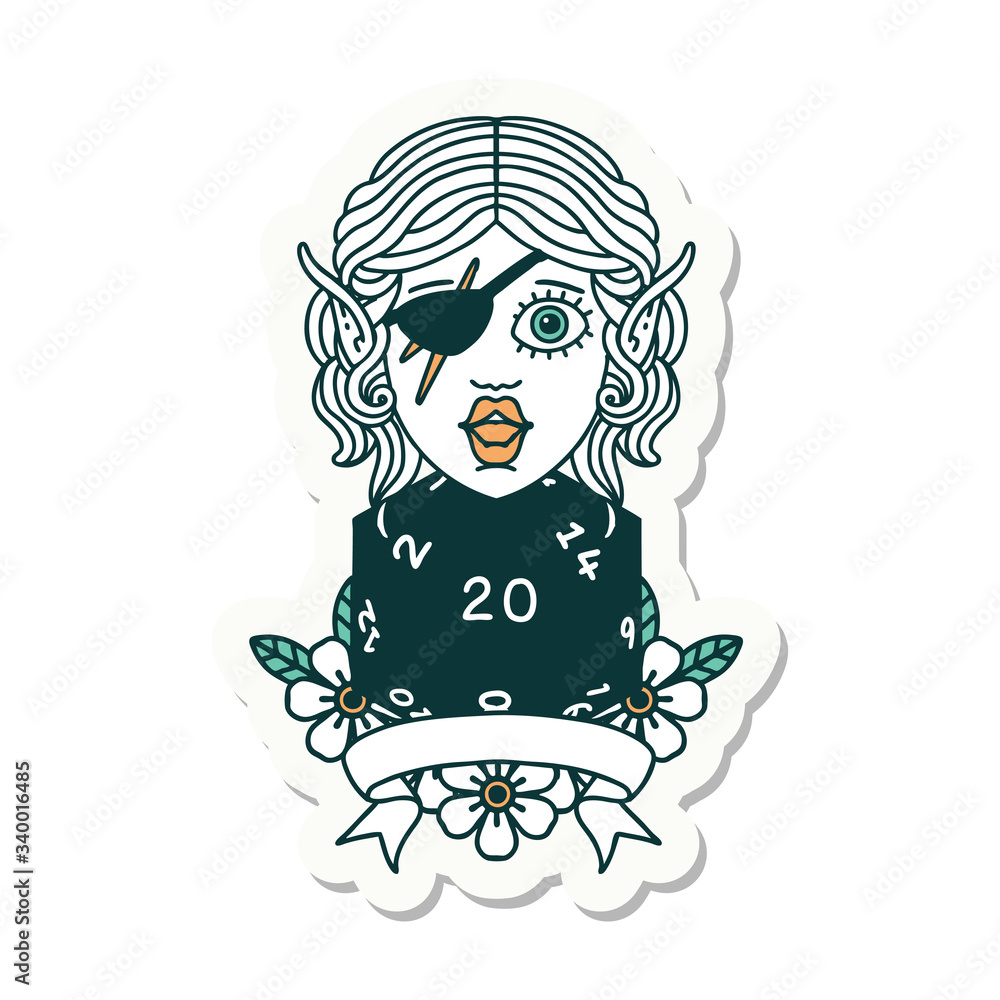 elf rogue character with natural twenty dice roll sticker