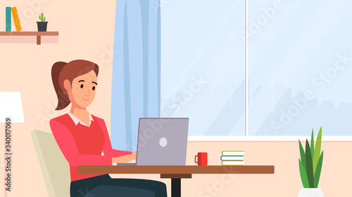 woman sitting on chair and working from home on laptop during corona virus pandemic quarantine in flat icon design