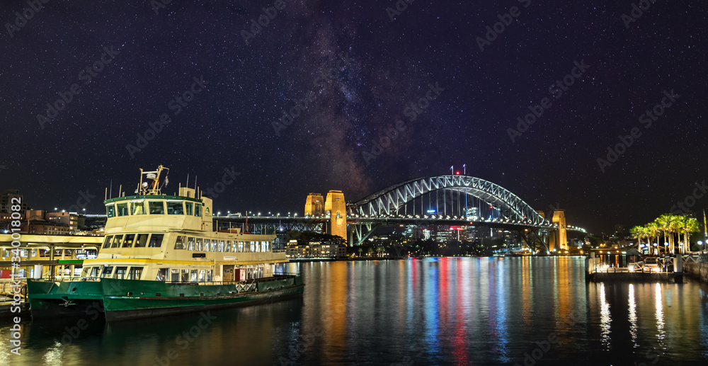 Panoramic view of the Sydney Harbour at a starry night, Australia.