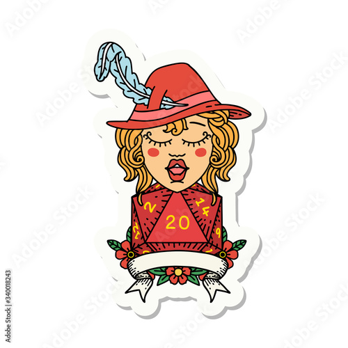 human bard character with natural 20 dice roll sticker