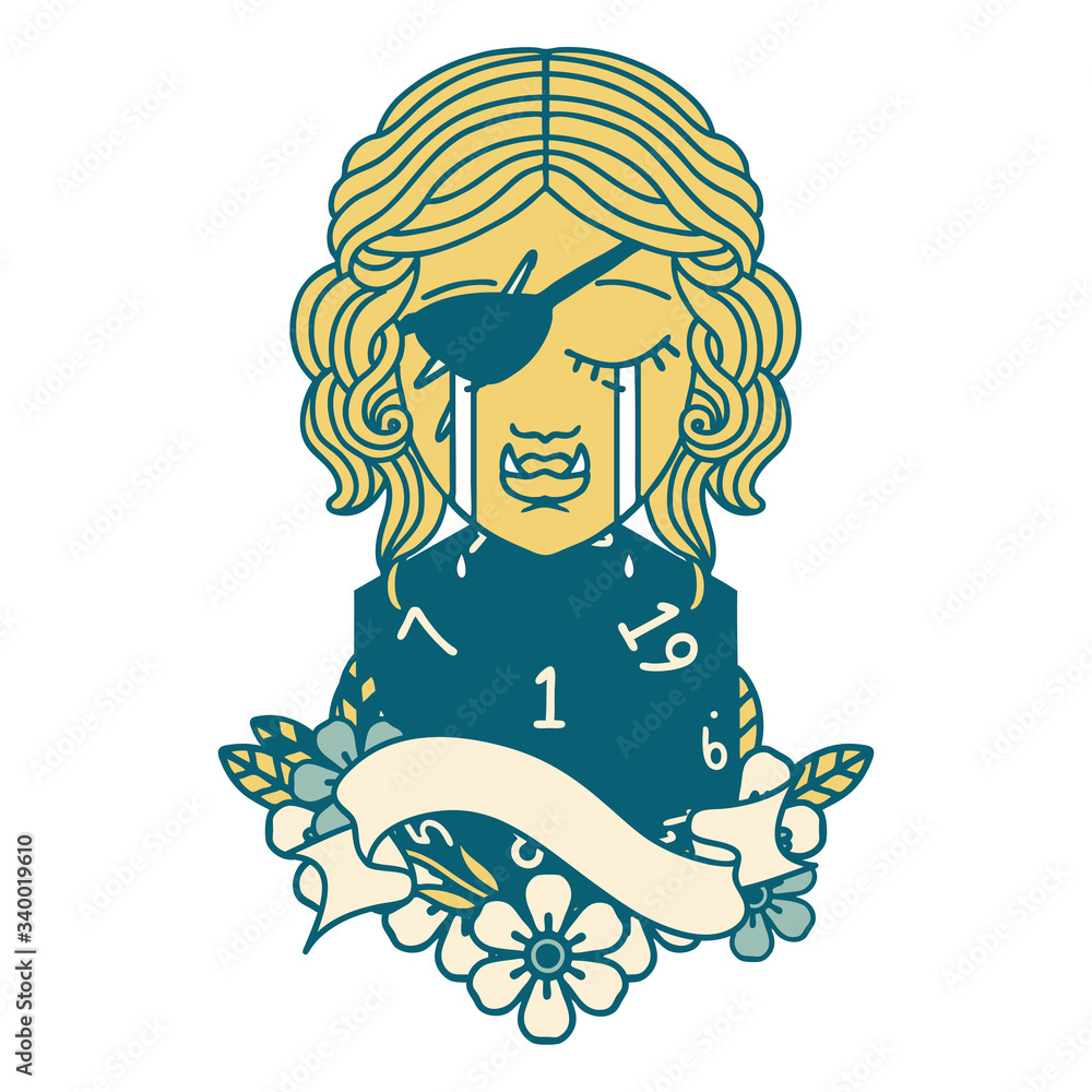 crying orc rogue character face with natural one d20 dice roll illustration crying orc rogue character face with natural one d20 dice roll illustration