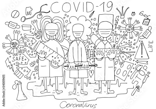 Hand-drawing set on a medical theme. Three simple doctors with test tube thermometer and syringe. People who protect us from coronavirus. Stock illustration COVID-19 drawn by pen on a white back.