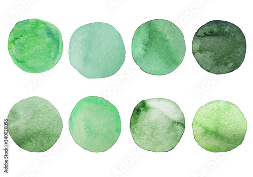 Green watercolor dots set. Hand painted Spots on a white background. Round, circle. Isolated. Blobs of different color