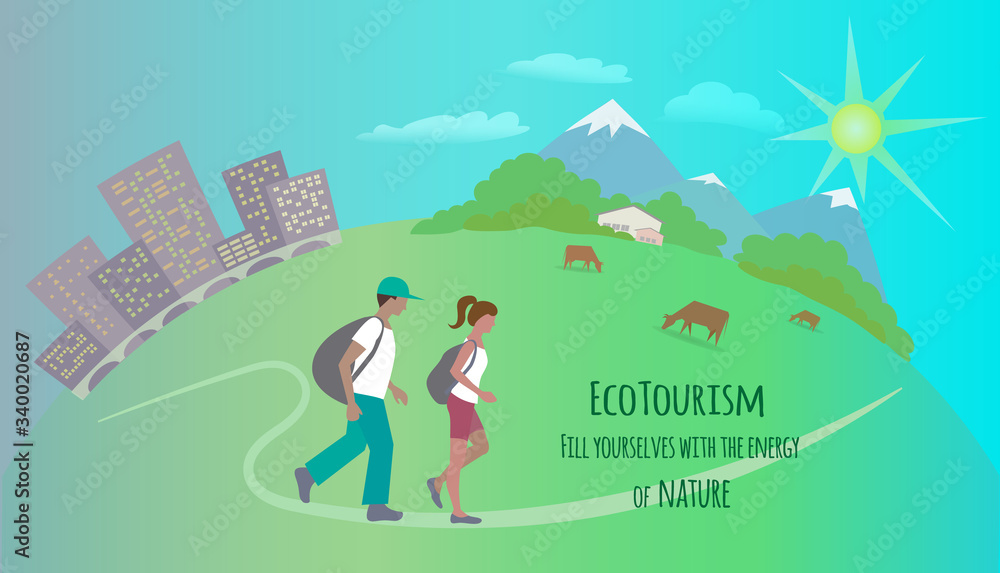 Ecotourism poster. Man and woman walk from a city to nature with cows, mountains, green pastures.Vector illustration in flat style.