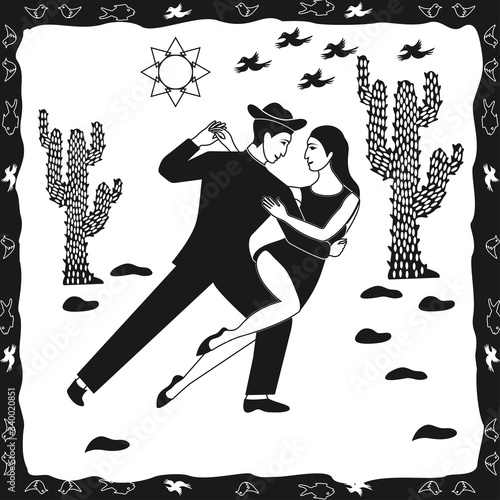 illustration of cordel style meeting a pair of lovers in the middle of the desert