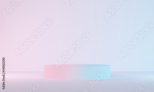 Pink with blue abstract gradient background with a cylindrical podium. Backdrop design for product promotion. 3d rendering