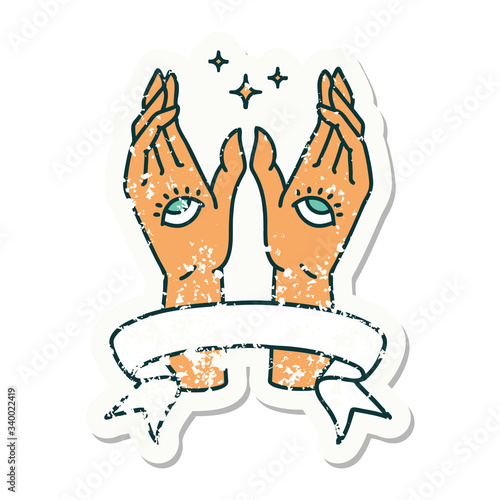 grunge sticker with banner of mystic hands