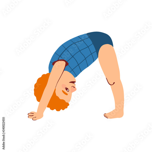 Vector colorful illustration of little boy doing yoga adho mukha svanasana pose, isolated on white background