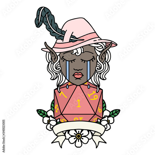 crying elf bard character with natural one D20 roll illustration