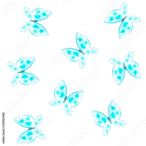 Hand drawn watercolor butterfly pattern on white background