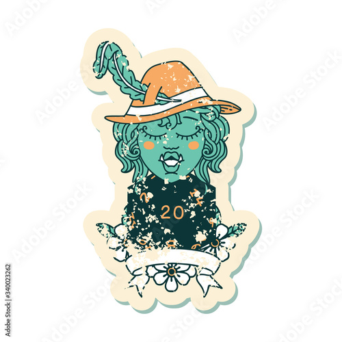half orc bard with natural 20 dice roll illustration