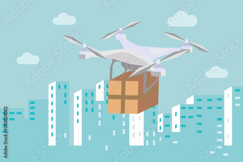 Delivery drone with the package box flying against the city background. Fast and convenient transportation and delivery service concept. Flat design style vector illustration