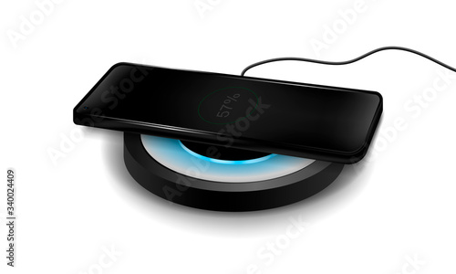 Black phone charging on wireless charging on isolated background, realistic vector illustration