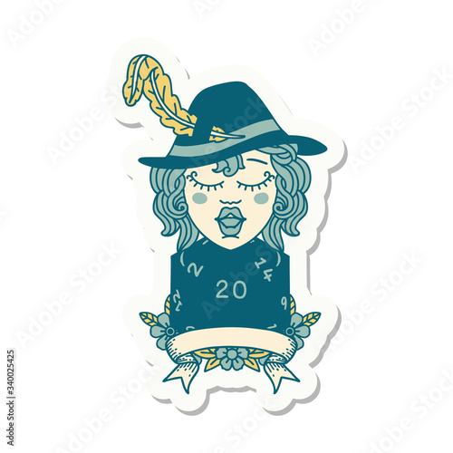 human bard character with natural 20 dice roll sticker