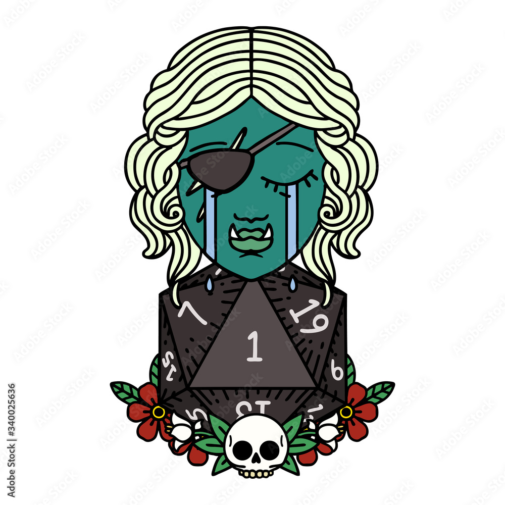 crying half orc rogue character with natural one D20 roll illustration crying half orc rogue character with natural one D20 roll illustration