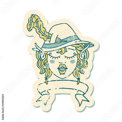 singing elf bard character face with banner illustration