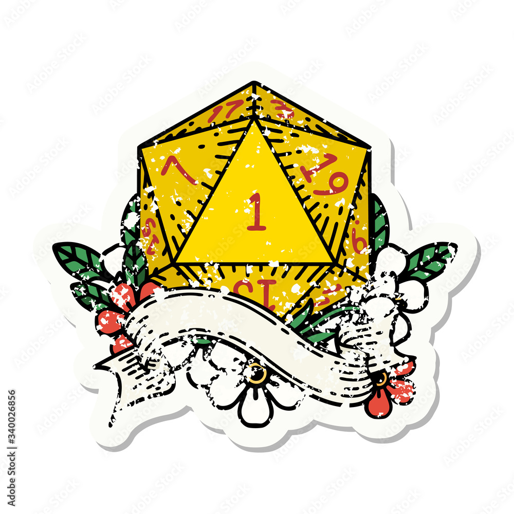natural one d20 dice roll grunge sticker natural one d20 dice roll grunge sticker