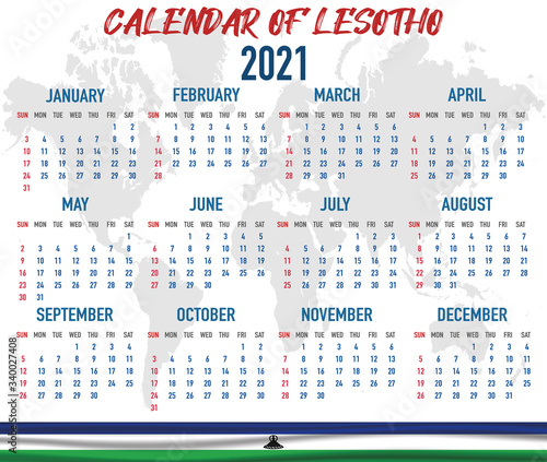 Lesotho Calendar with flag. Month, day, week. Simply flat design. Vector illustration background for desktop, business, reminder, planner