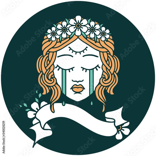 icon with banner of female face crying with third eye
