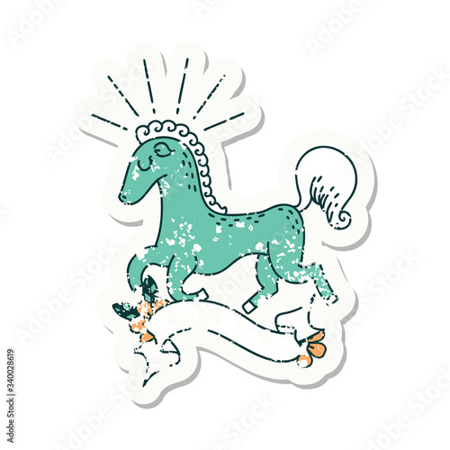 grunge sticker of tattoo style prancing stallion