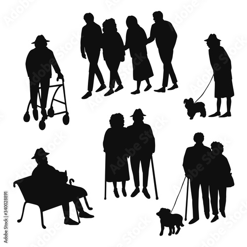 Vector set with illustrations of black silhouette old people walking