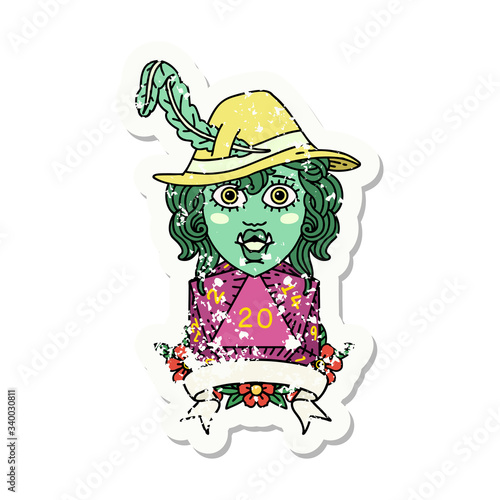 half orc bard with natural 20 dice roll illustration