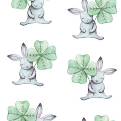 Crédence de cuisine Aquarelle ensemble 1 patrons Cute seamless pattern watercolor cartoon bunny with green clover. Summer illustration. For baby textile, fabric, print and wallpaper.  © BloomPix