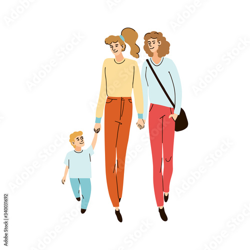 Vector colorful illustration of a young family, two moms and son together walking on the street