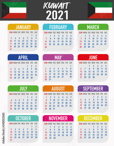 Kuwait Calendar with flag. Month  day  week. Simply flat design. Vector illustration background for desktop  business  reminder  planner