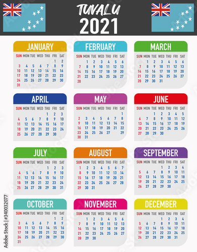 Tuvalu Calendar with flag. Month  day  week. Simply flat design. Vector illustration background for desktop  business  reminder  planner