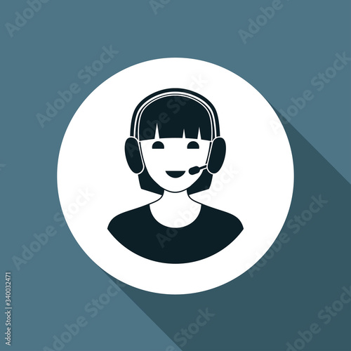 Girl dispatcher with a microphone smiles and communicates with a client  call center vector icon.