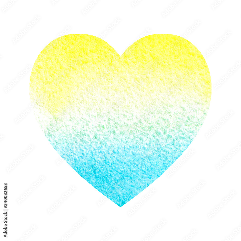 Watercolor yellow blue heart background. Heart watercolor background.