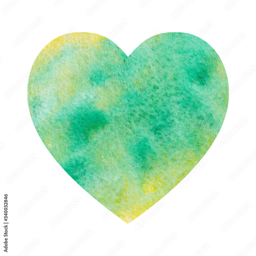 Watercolor yellow green heart background. Heart watercolor background.