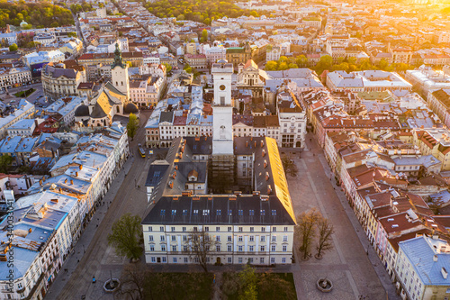 View on Lviv city hall from drone