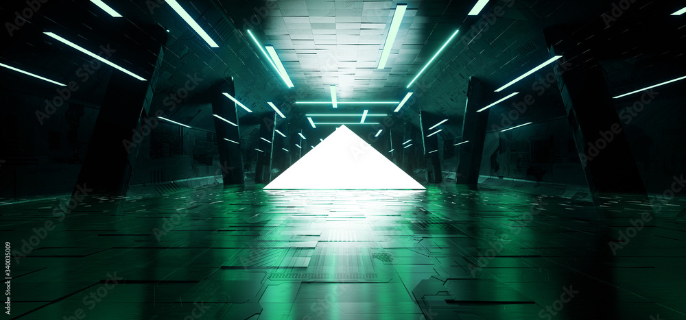 Sci Fi Futuristic Concrete Schematic Textured Triangle White Green Glowing laser Neon Columns Tunnel Corridor Dark Night Warehouse Showroom Cyber Synth 3D Rendering