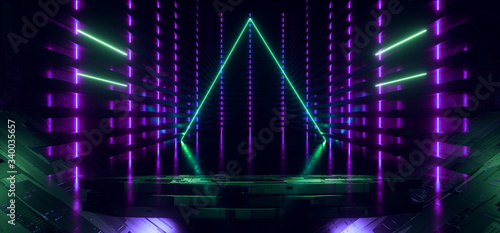 Fototapeta Naklejka Na Ścianę i Meble -  Neon Sci Fi Futuristic Cyber Green Triangle Purple  Glowing Stage Podium Showroom Empty Schematic Textured Tunnel Corridor Background Alien Spaceship Cyberpunk Synthwave 3D Rendering
