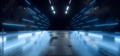 Neon Laser Schematic Motherboard Texture Blue Laser Alien Spaceship Dark Night Showroom Parking Warehouse Tunnel Corridor Empty Space Background 3D Rendering