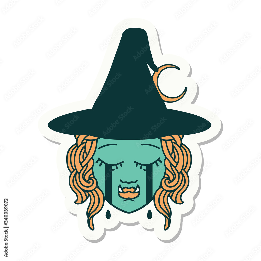 crying half orc witch character face sticker