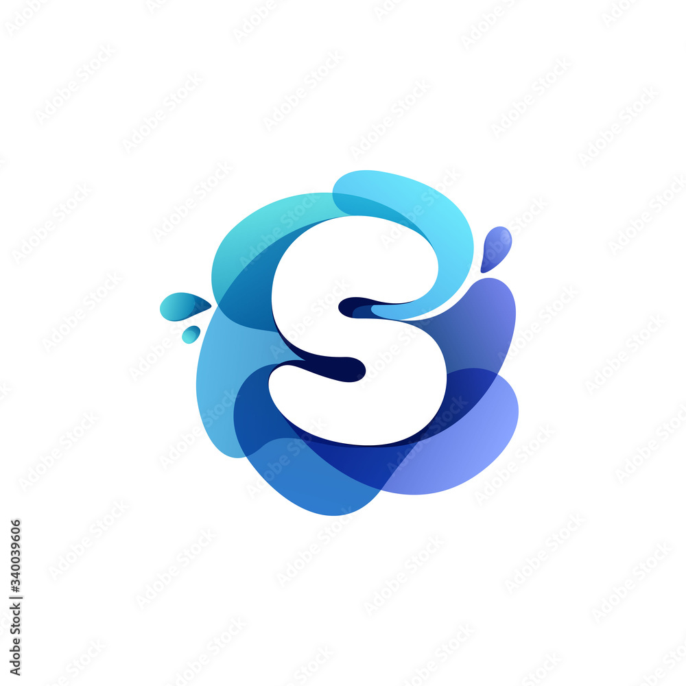 Letter S pure water logo. Swirling overlapping shape with splashing drops. Letter S pure water logo. Swirling overlapping shape with splashing drops.