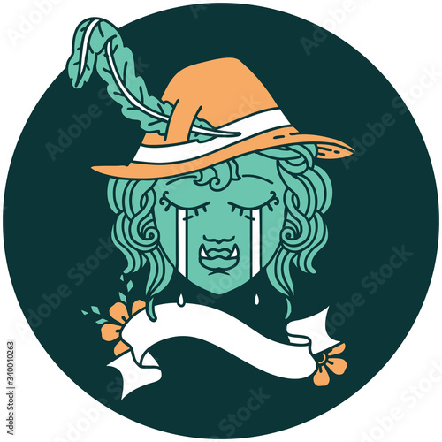 crying half orc bard character face icon