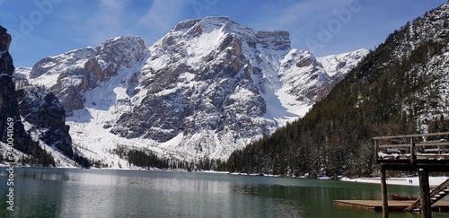 The famous mountain lake in Italy. Beautiful Bryce Lake in the Alps in winter.