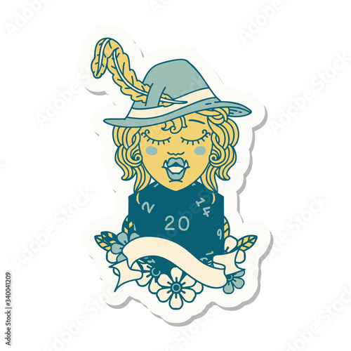 singing half orc bard character with natural twenty dice roll sticker