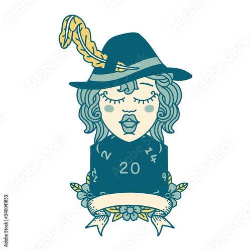 human bard character with natural 20 dice roll illustration