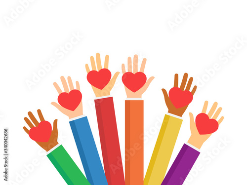 Raised hands volunteering stock vector isolated on white background.  Multiethnic society unity, togetherness. Volunteers, social workers holding red hearts. Charity and social help illustration.