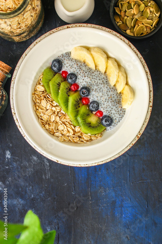 healthy food smoothie bowl, oatmeal, chia seeds and berries (breakfast dish or healthy snack) menu concept. background. top view. copy space for text keto or paleo diet
