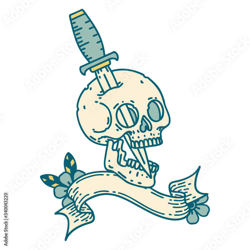 tattoo with banner of a skull and dagger