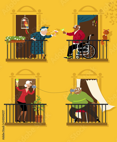 Senior citizens practicing social distancing keep connected with their neighbors,  EPS 8 vector illustration